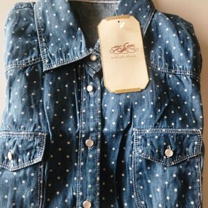 Denim Shirt with White Polka Dots